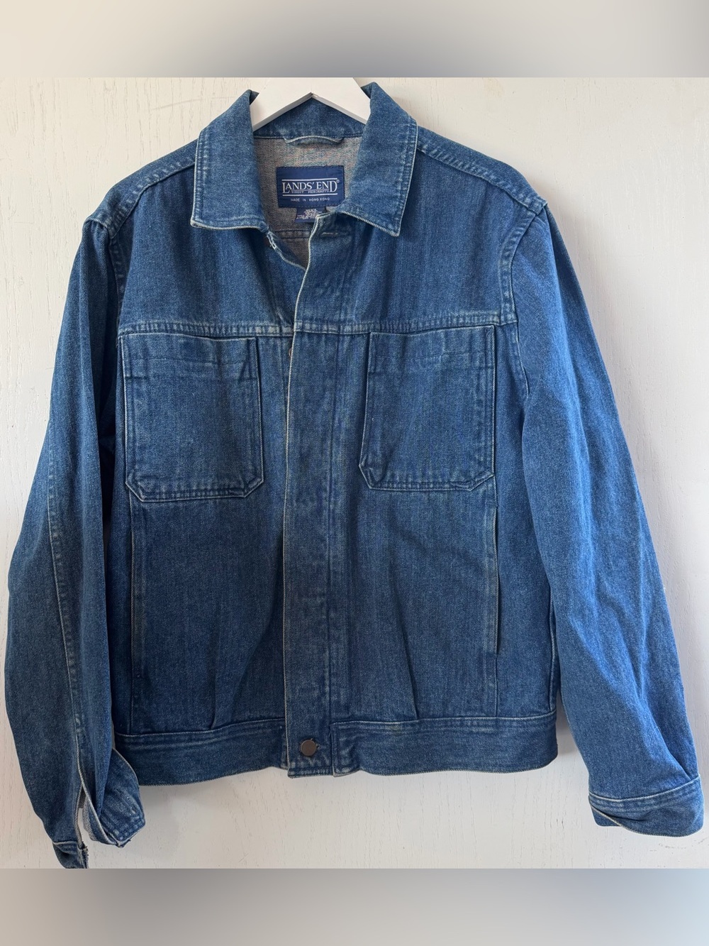 Vintage Lands End Men's Dark Blue Denim Button Up Jacket Size Medium
